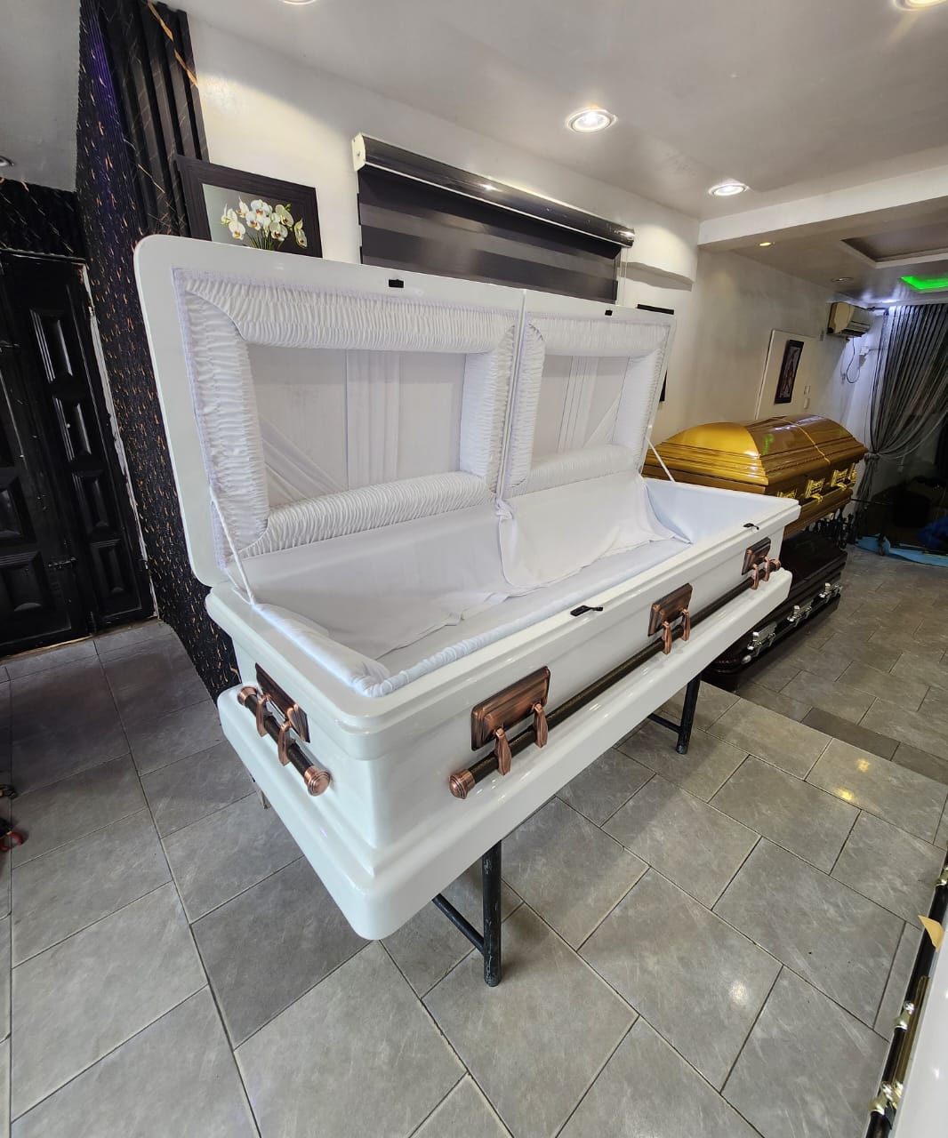 Pearl White Open-View Casket with Copper Hardware